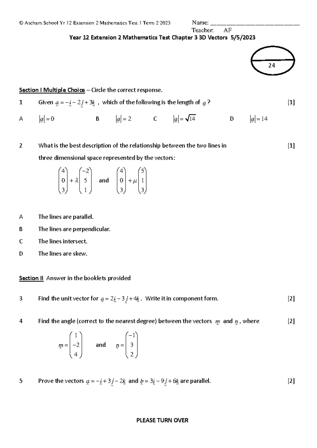 Yr 12 Ext 2 Math Test 1: Chapter 3 3D Vectors Solutions 2023 - Studocu