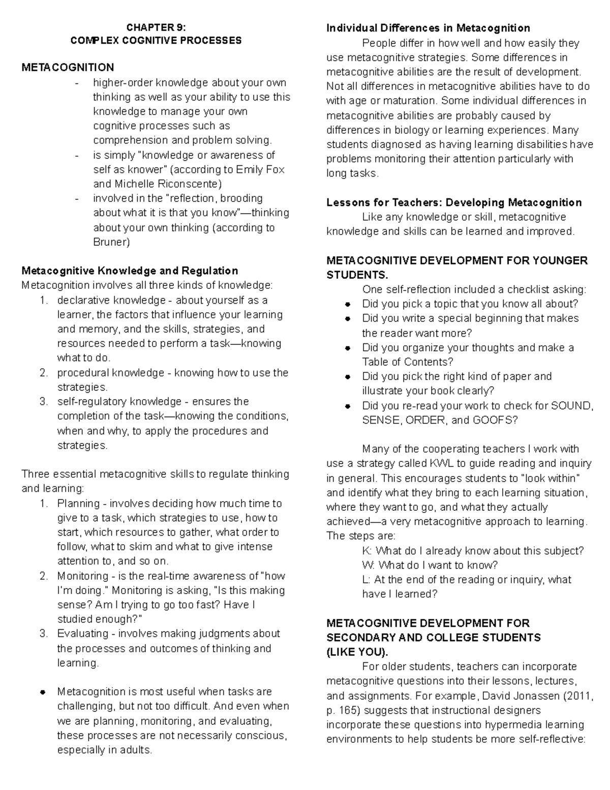 CHAP 9 - Reviewer - afasrrrbbb - CHAPTER 9: COMPLEX COGNITIVE PROCESSES ...