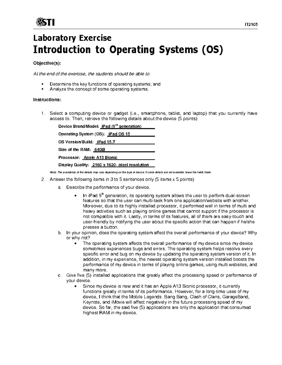 Lab Exercise 01: Overview of Operating Systems and Device Analysis ...
