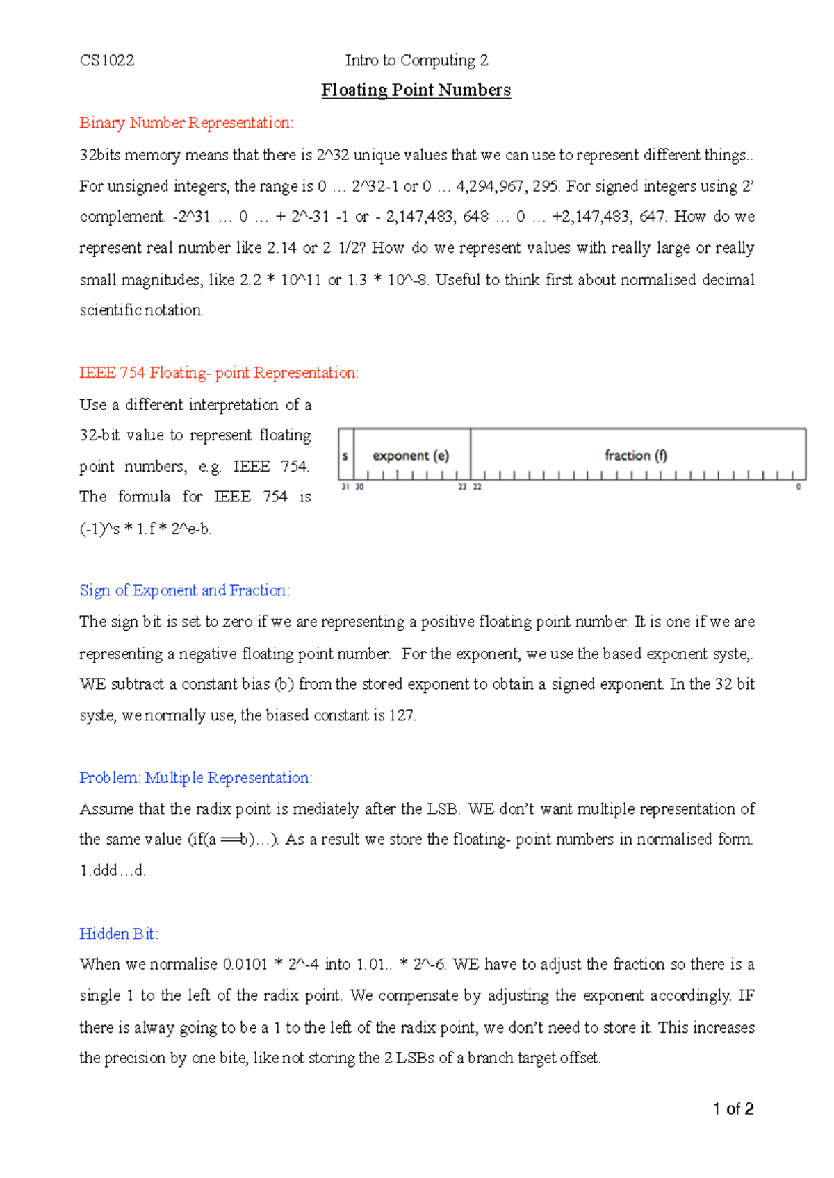 CS1022 Lecture Notes: Floating Point Representation 32-Bit and Beyond ...