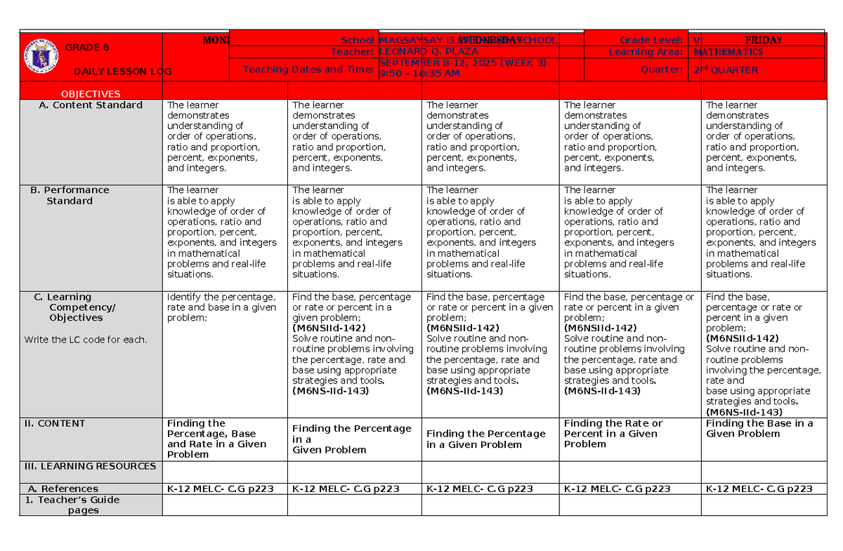 DLL MATH 6 Q2 W3 S.Y 2025-2026: Daily Lesson Log and Objectives - Studocu