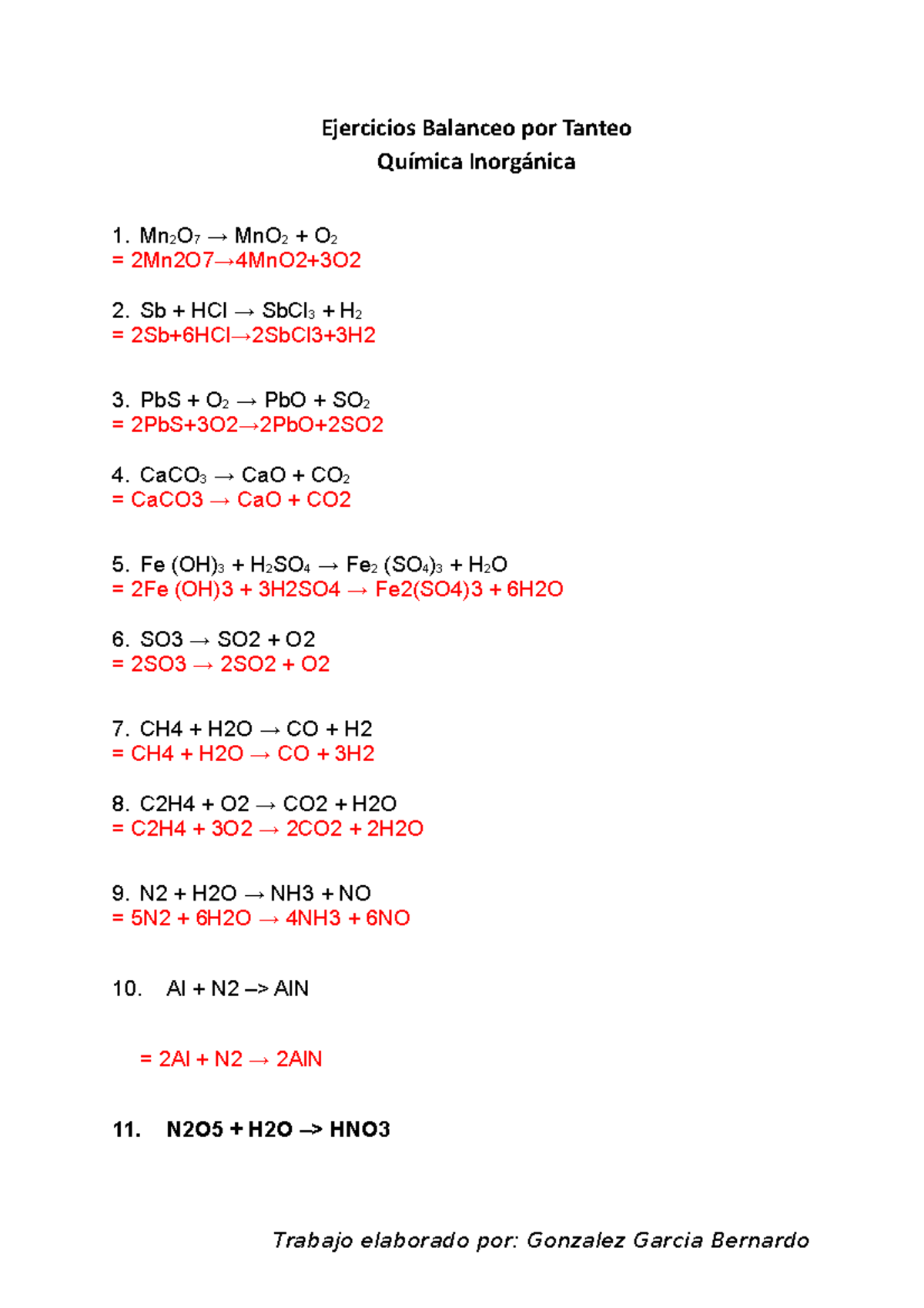 Hoja De Trabajo Sobre El Equilibrio De Ecuaciones Químicas Reacciones