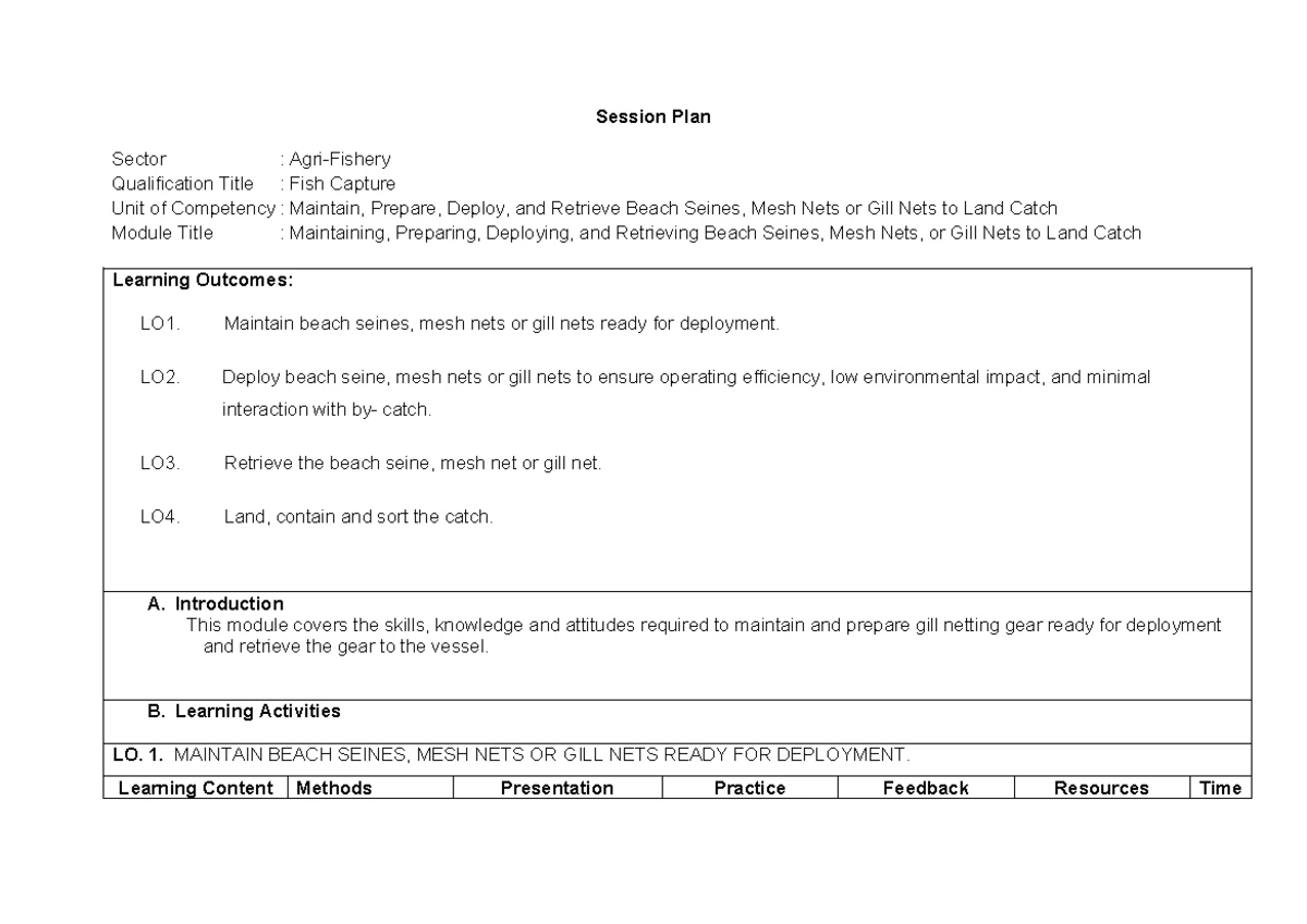 Training Activity Matrix for Fish Capture NC II: June 2024 Schedule ...