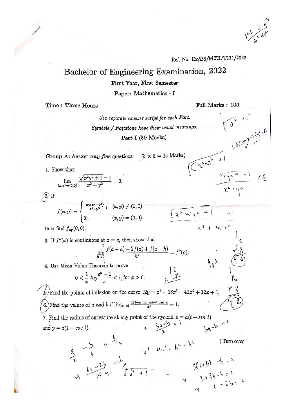 Mathematics I Exam Paper - Bachelor of Engineering 2022 - Studocu