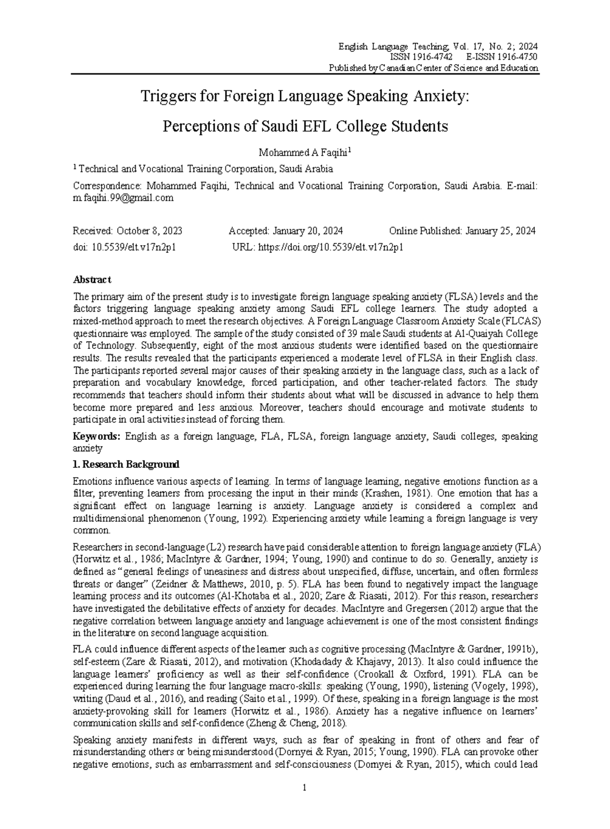 Triggers of Foreign Language Speaking Anxiety: Insights from Saudi EFL ...