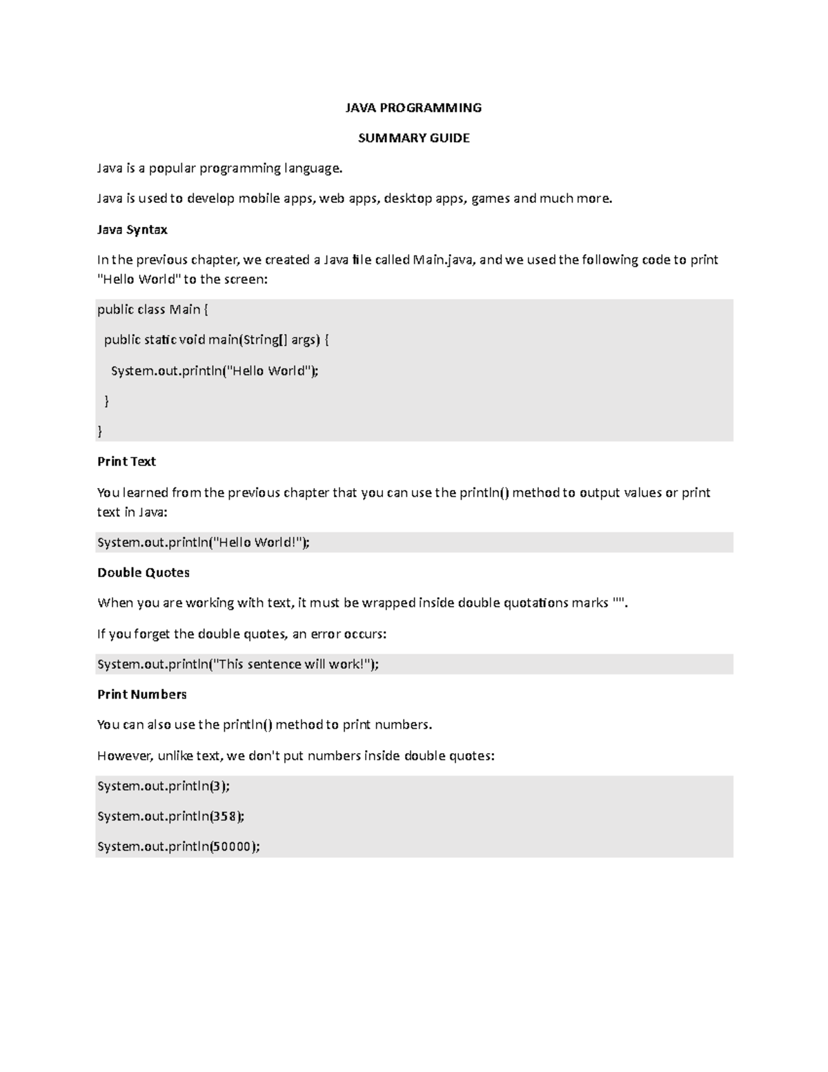 Java Programming Summary Guide For Beginners Studocu