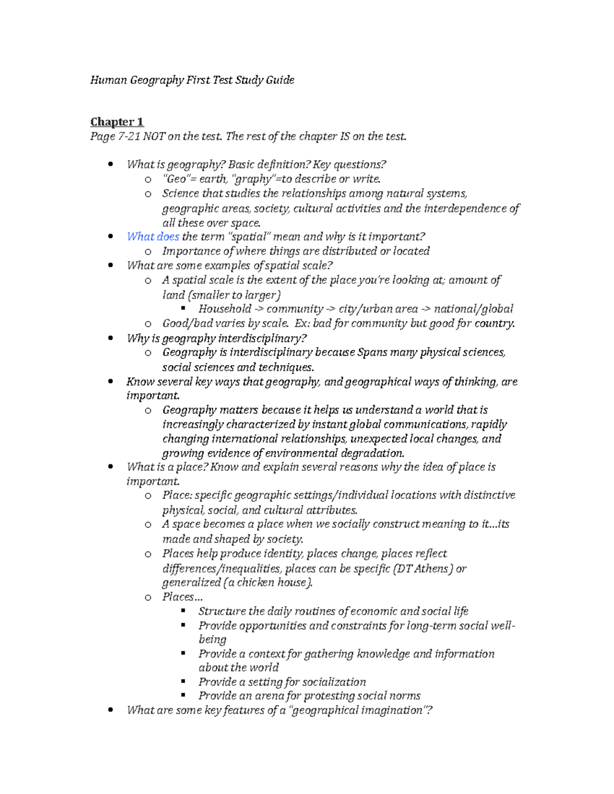 Human Geography Unit 1 Study Notes for Test (Chapters 1-3) - Studocu