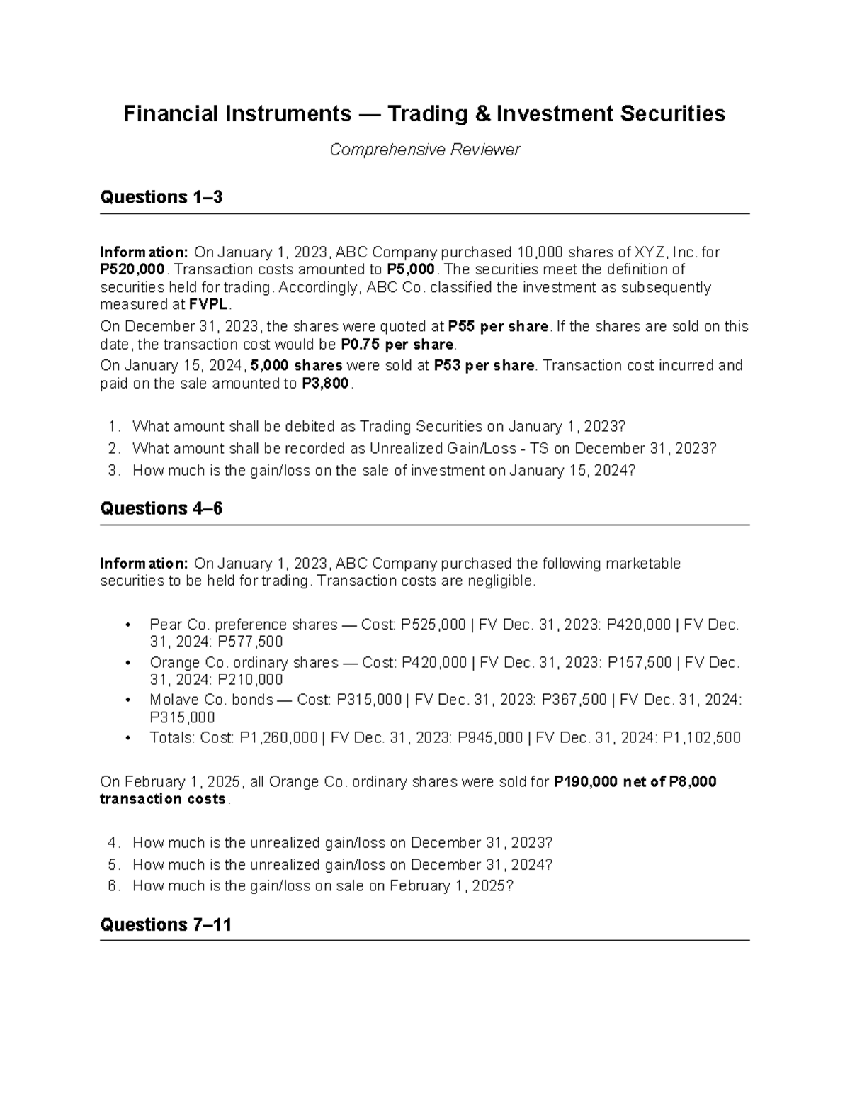 Financial Instruments Trading Investment Securities Reviewer (FIN 101 ...