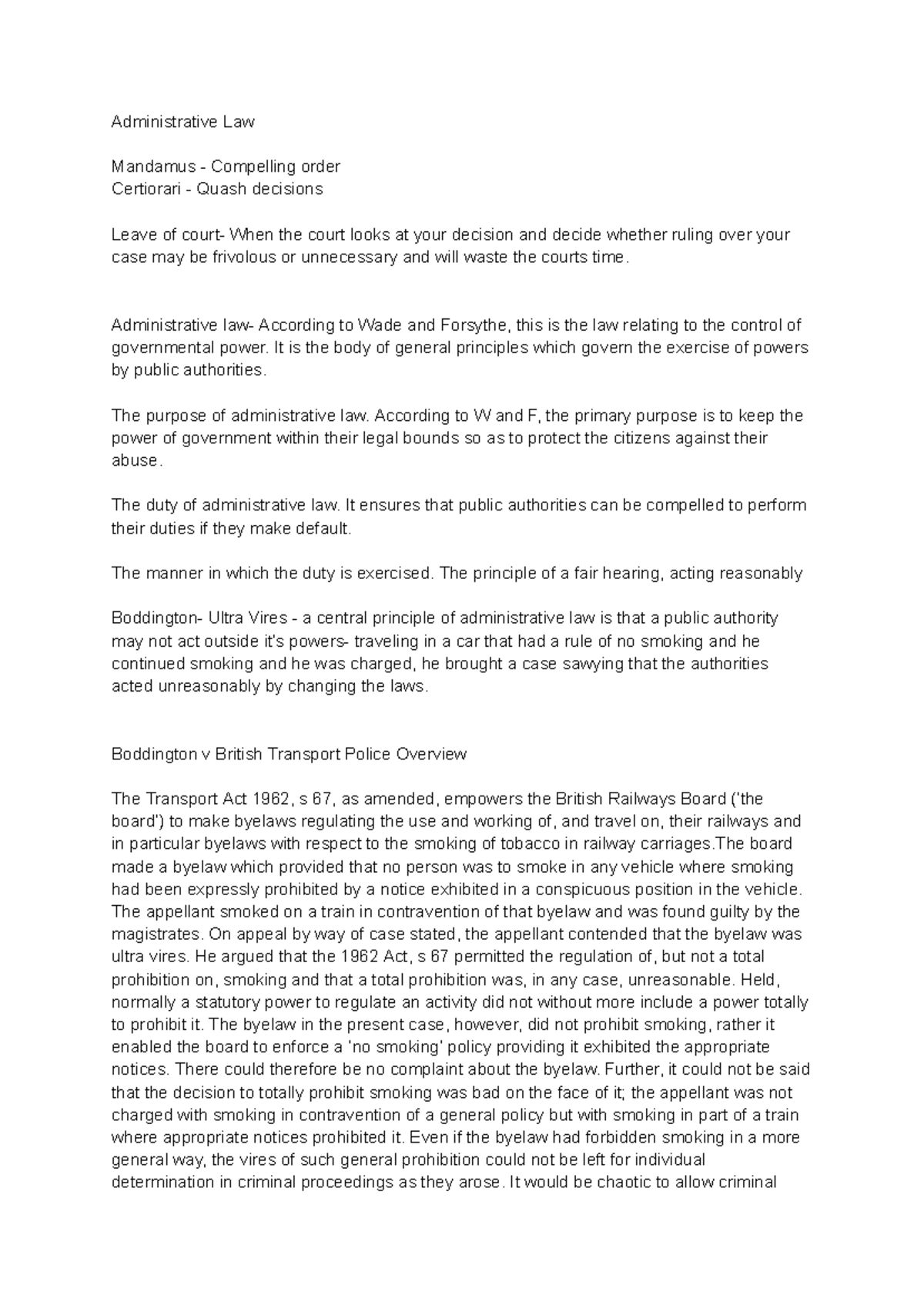 Admin Law Notes: Key Principles and Case Law Overview - Studocu
