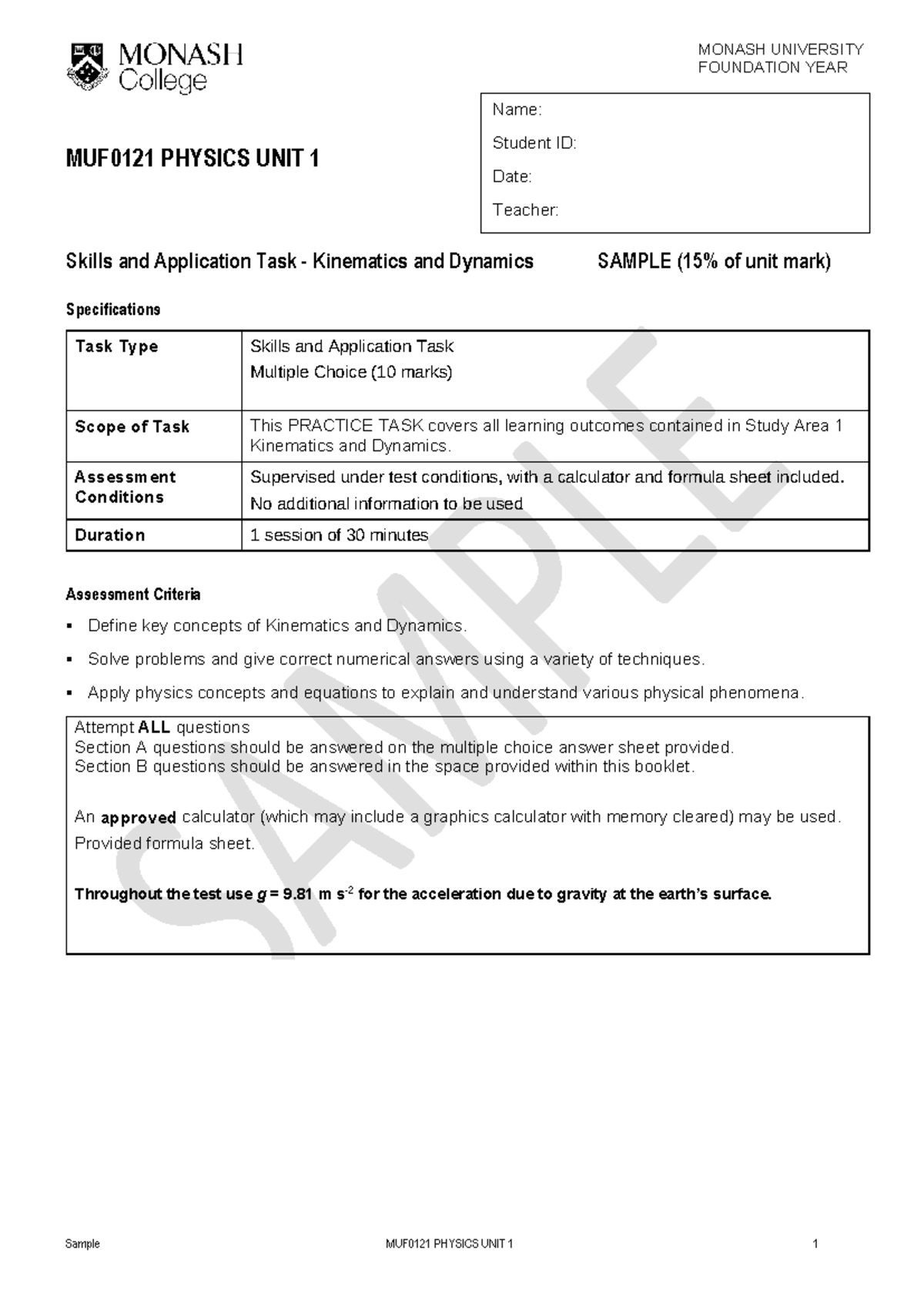 MUF0121 Physics Unit 1 skills and application task sample exam 2024 ...