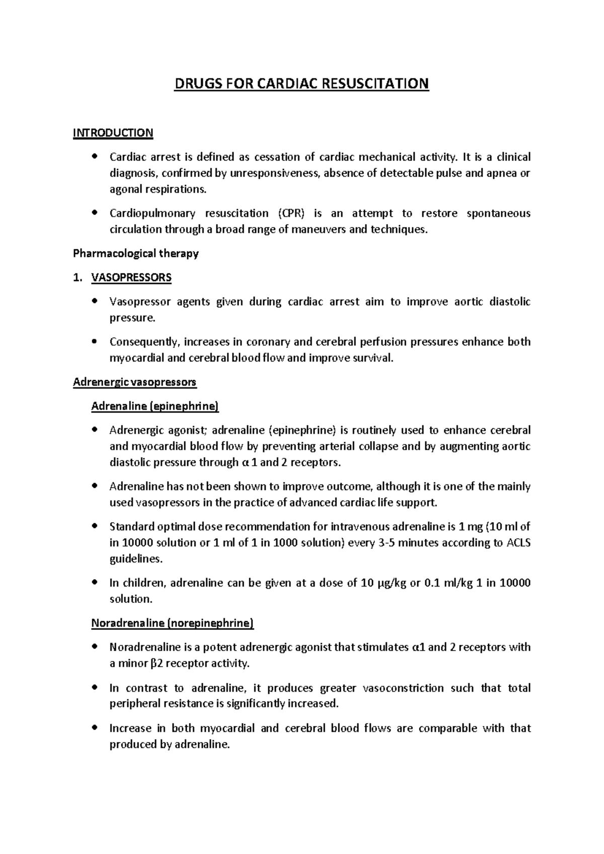 Drugs for Cardiac Resuscitation: Essential Notes and Guidelines - Studocu