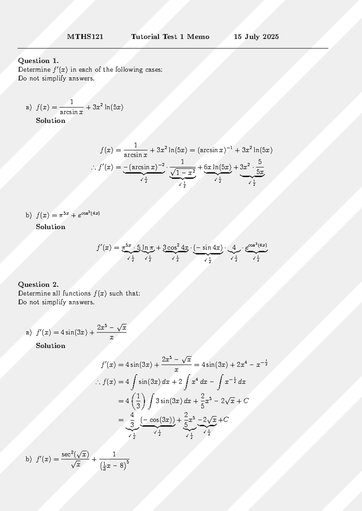 MTHS121 Tutorial Test 1 Memo - Solutions and Functions Analysis - Studocu