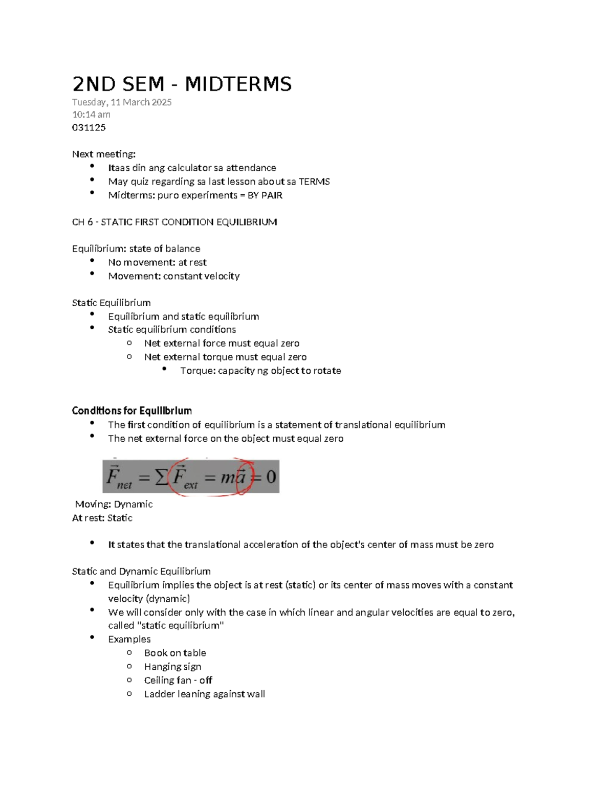 Phys2 - 2nd Sem Midterm Notes on Static Equilibrium Concepts - Studocu