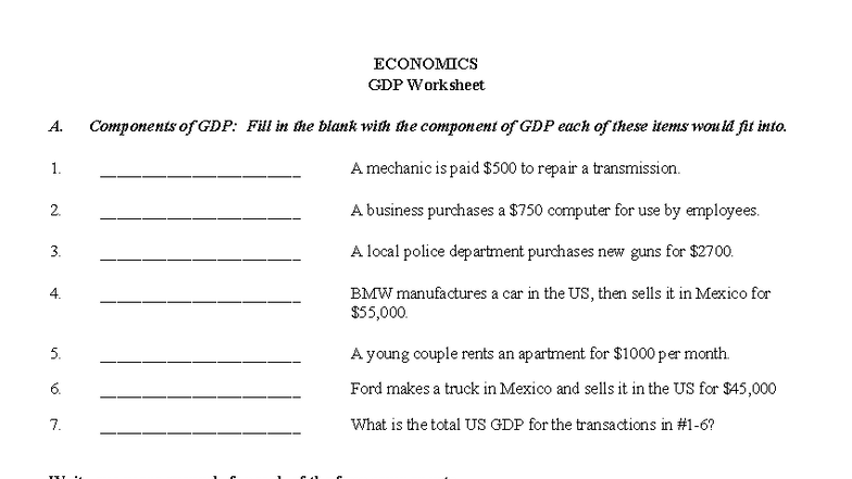 ECON 101: GDP Components & Nominal GDP Calculation Worksheet - Studocu