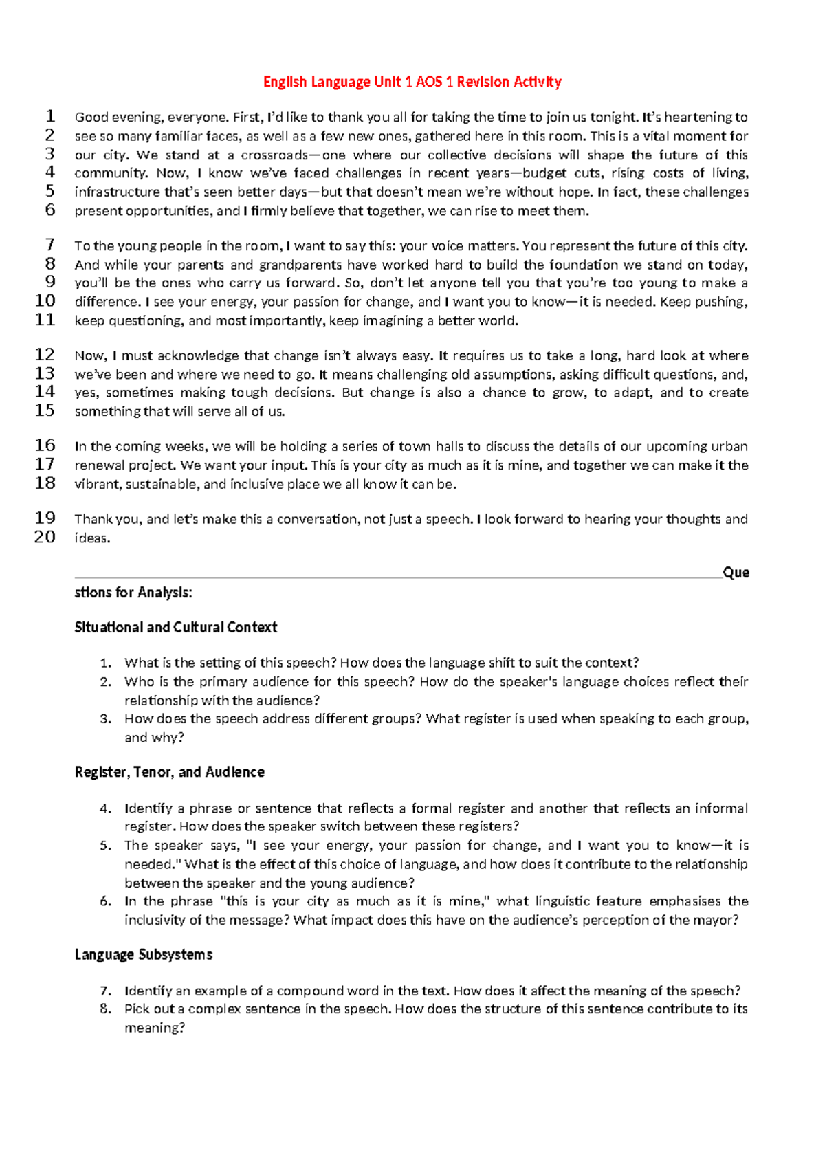 English Language Unit 1 AOS 1 Revision: Speech Analysis Activities ...