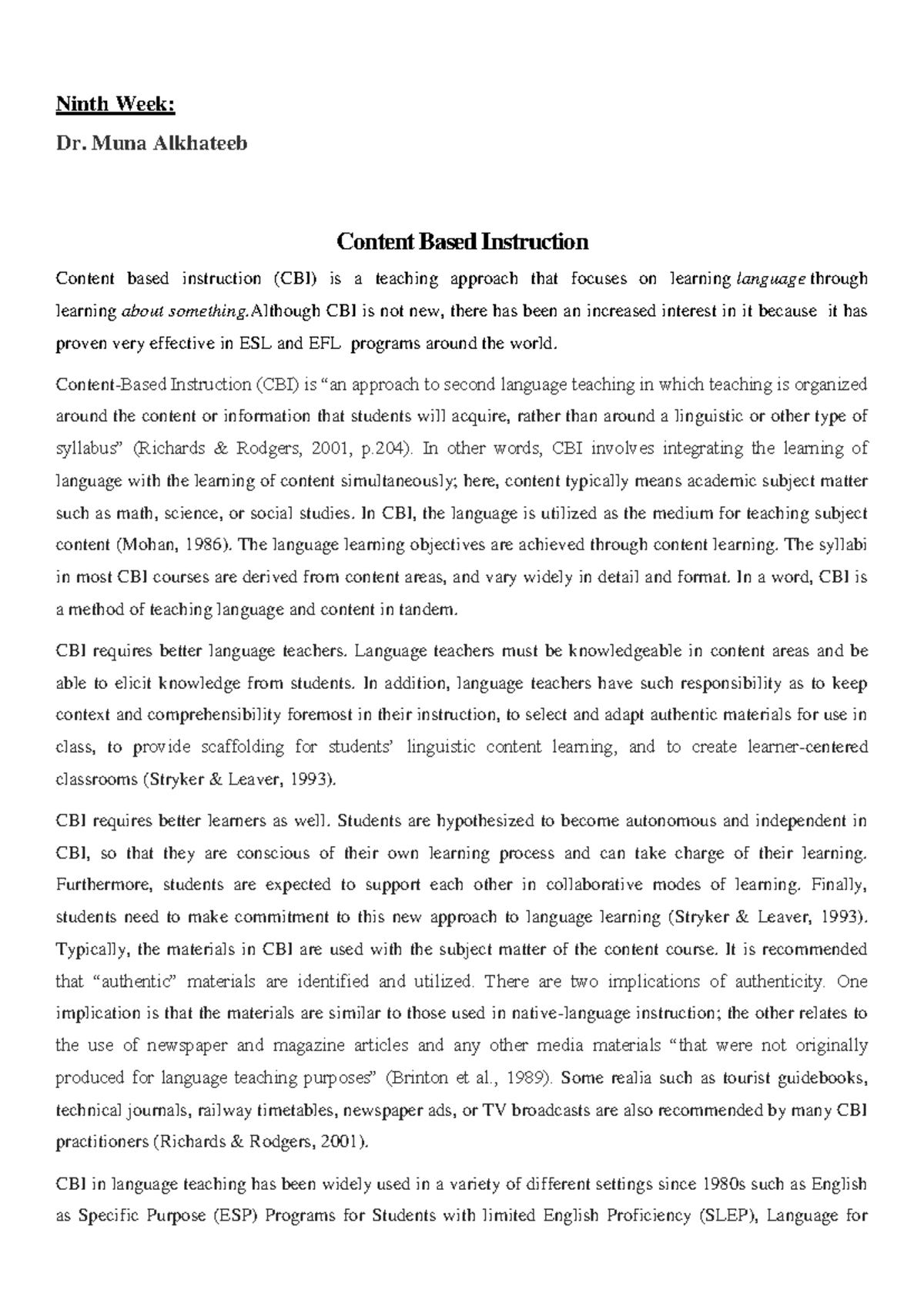 CBI - Content Based Instruction - Ninth Week: Dr. Muna Alkhateeb ...