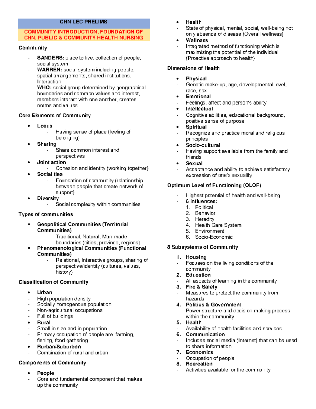 CHN LEC Prelims: Community Health Nursing Overview and Concepts - Studocu