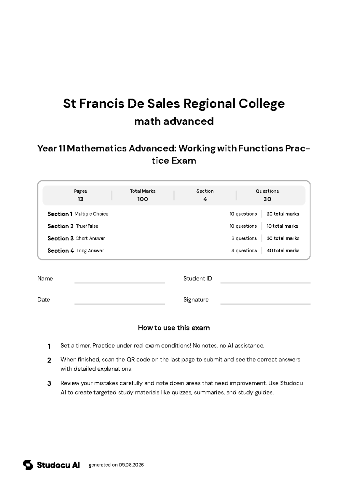 Year 11 Mathematics Advanced: Functions Practice Exam - Studocu