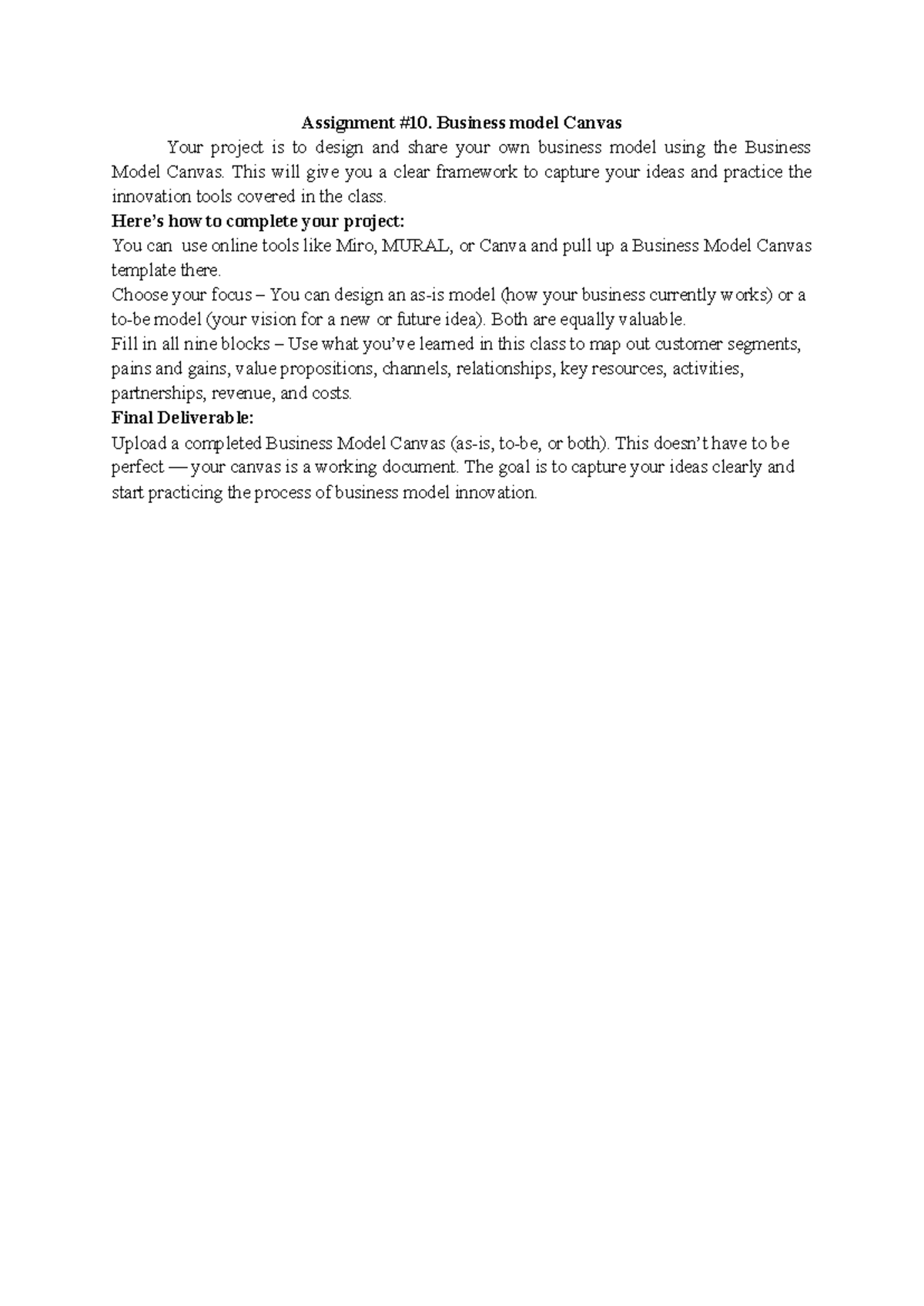 Assignment 10: Business Model Canvas Project Guide - Studocu