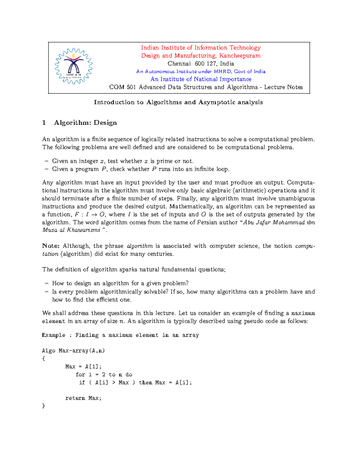COM 501 Advanced Data Structures and Algorithms Lecture Notes ...