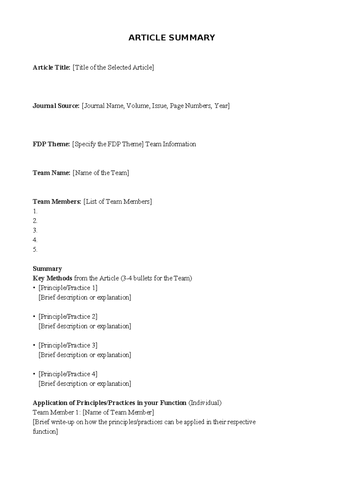 Article Summary Template - ARTICLE SUMMARY Article Title: [Title of the ...