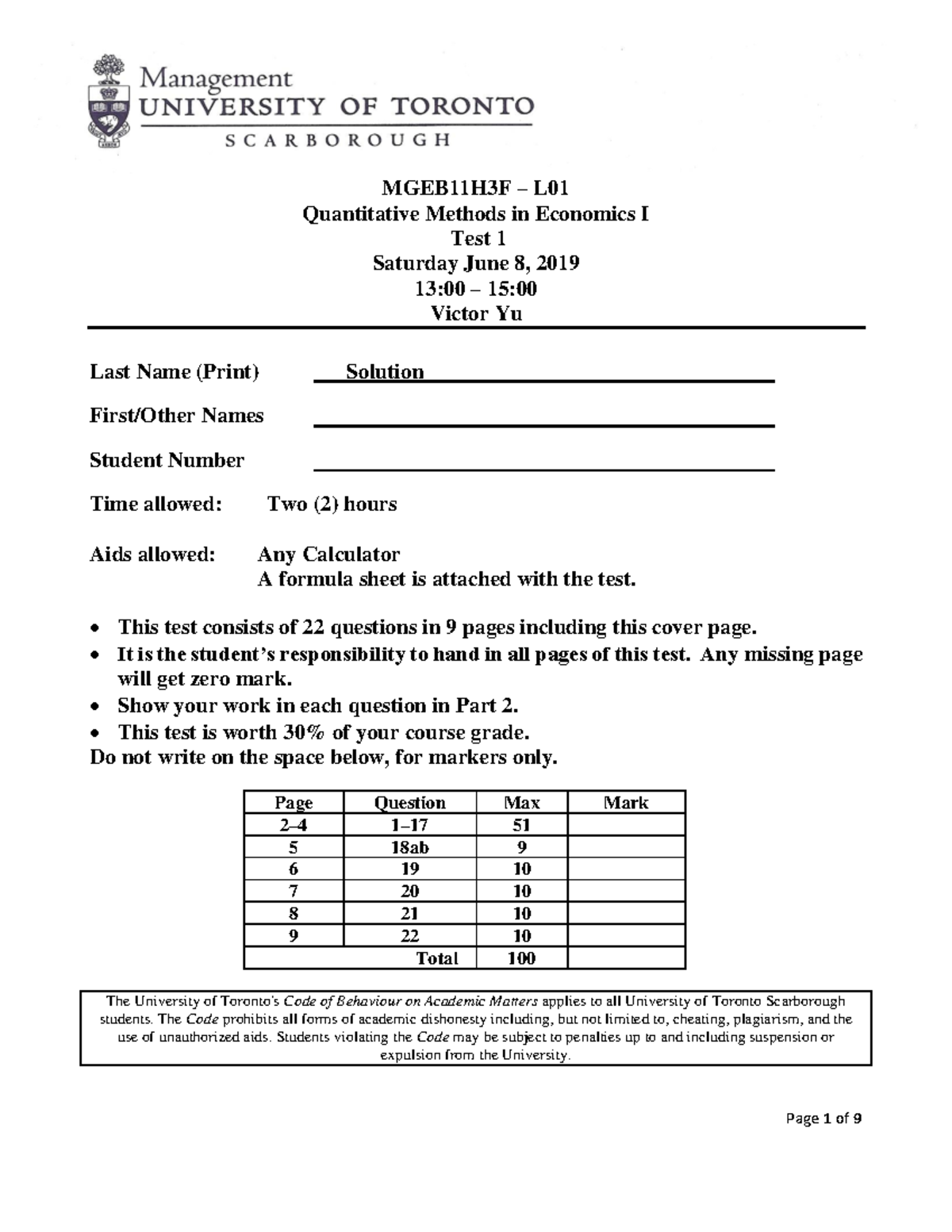 MGEB11H3F L01 Quantitative Methods in Economics I Test 1 - June 8, 2019 ...