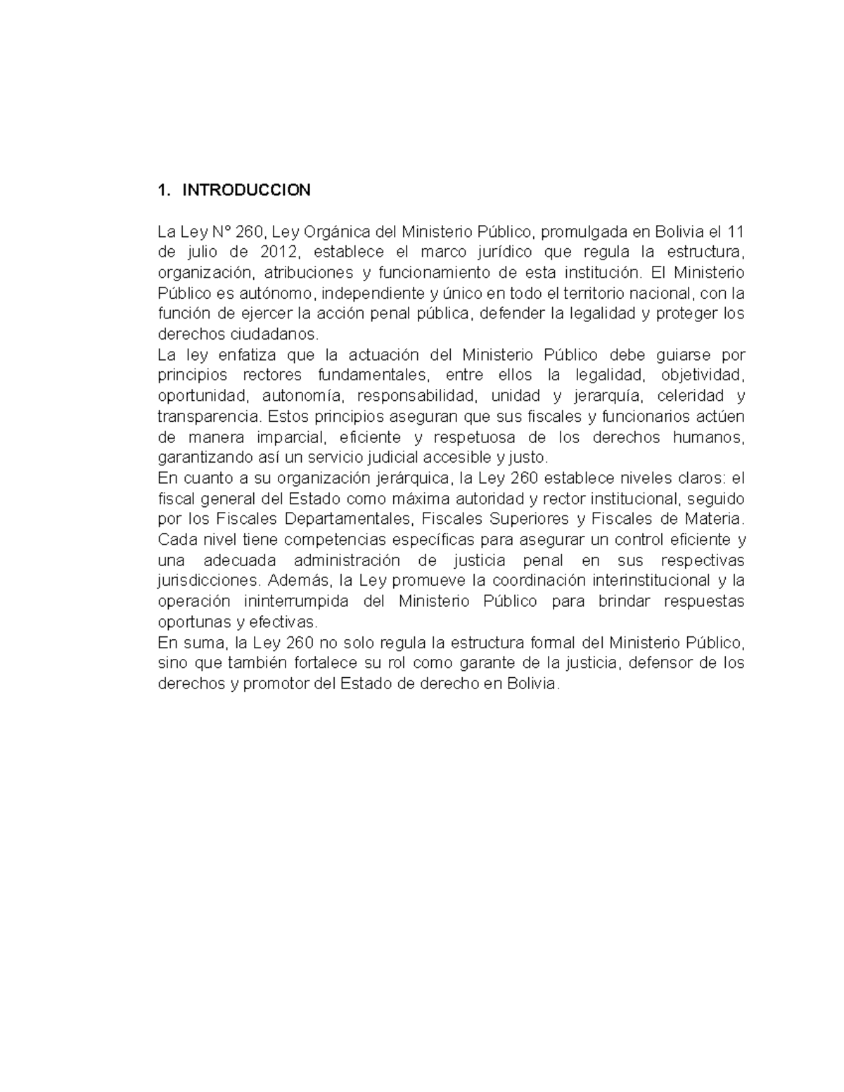 Ley 260: Estructura y Principios del Ministerio Público en Bolivia - Document Preview