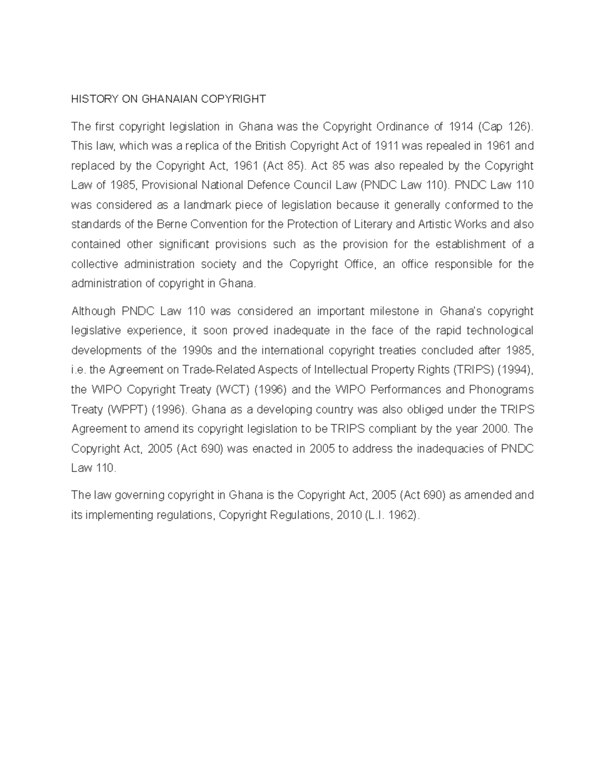 GHS 101: Overview of Ghanaian Copyright Legislation History - Studocu