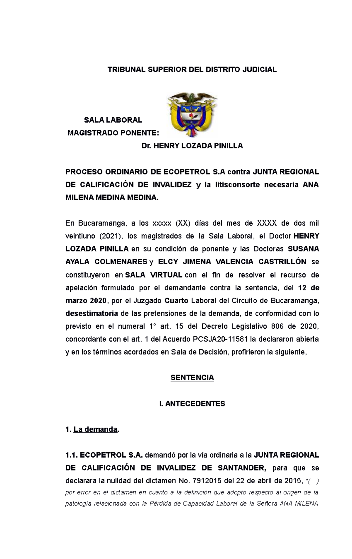 837-2020 Nulidad de Dictamen: Confirma Sentencia de ECOPETROL vs Junta de Calificación - Document Preview