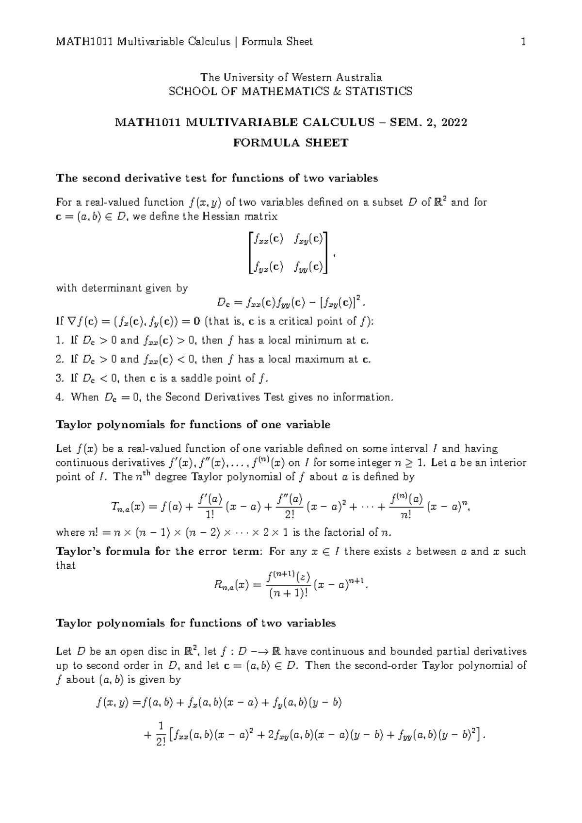 MATH1011 Multivariable Calculus Comprehensive Formula Sheet - Studocu