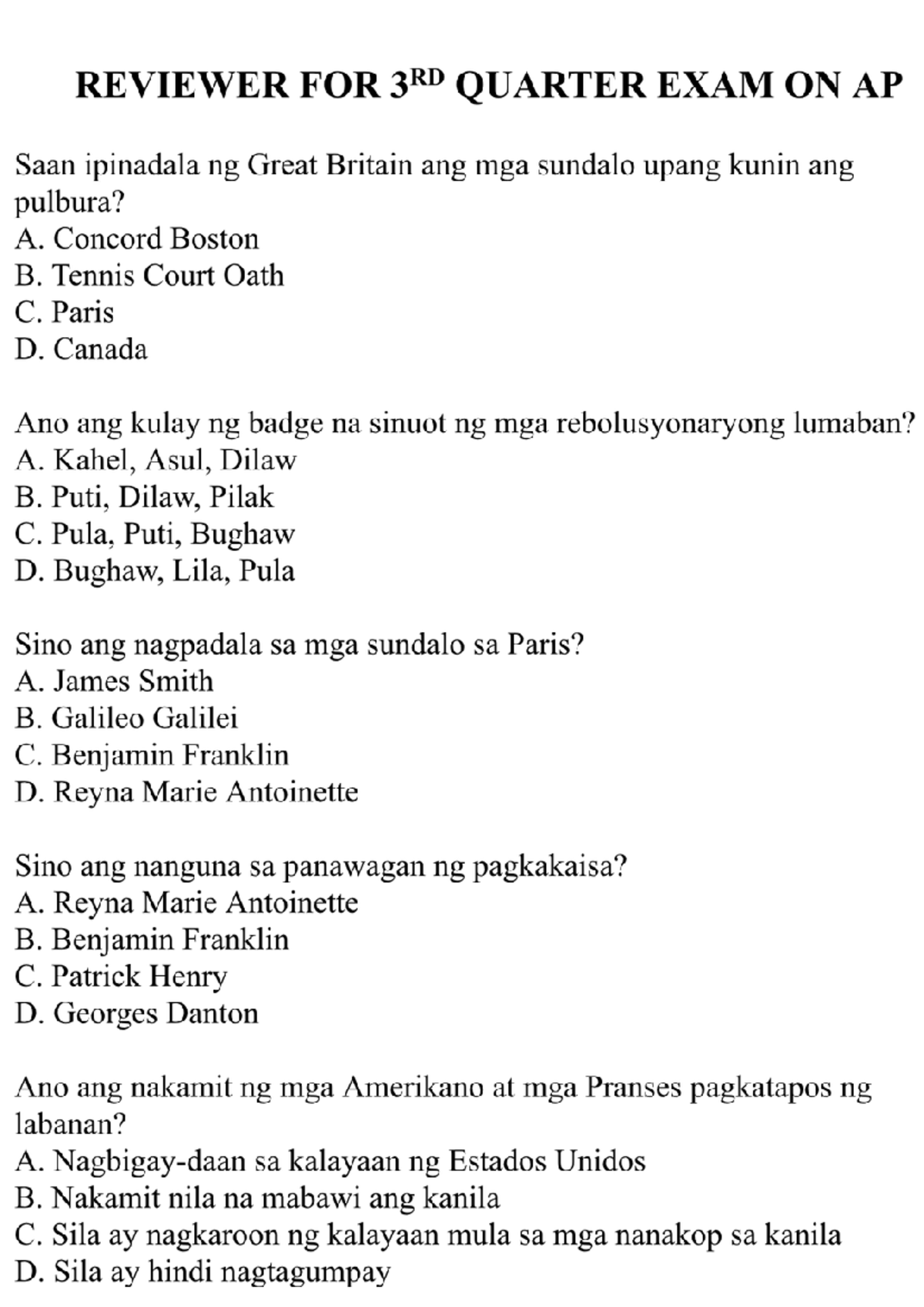 Reviewer 3rd periodic - REVIEWER FOR 3RD QUARTER EXAM ON AP Saan ...