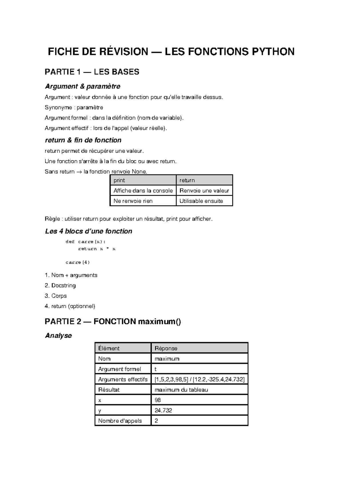 FICHE DE RÉVISION FONCTIONS PYTHON PARTIE 1 & 2 - Studocu