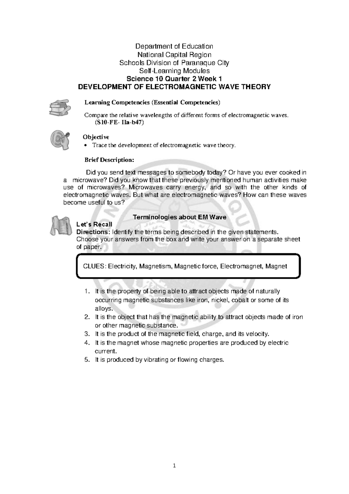 Science 10 Q2 Module 1: Development of Electromagnetic Wave Theory ...
