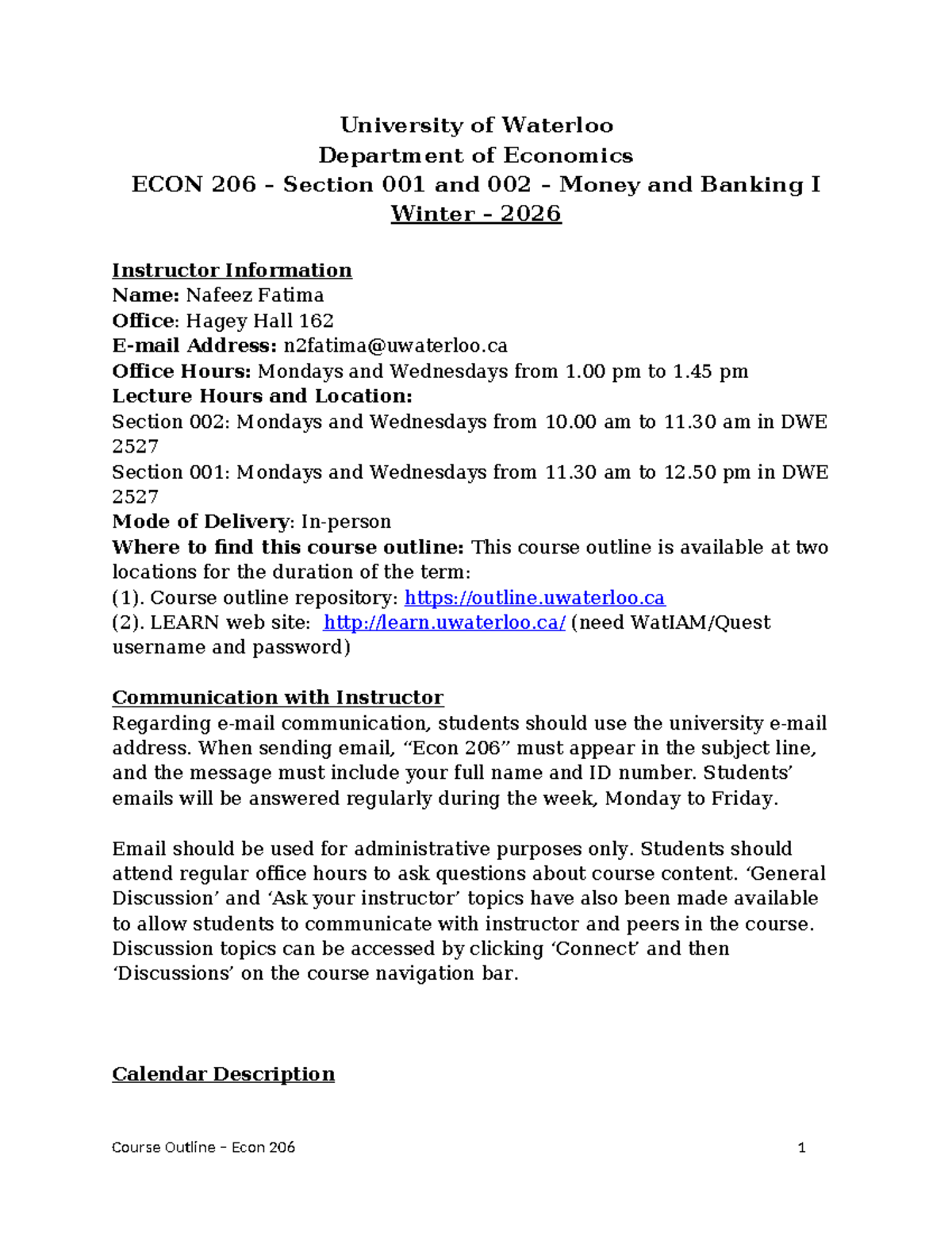 Course Outline for ECON 206: Money and Banking I - Winter 2026 - Studocu