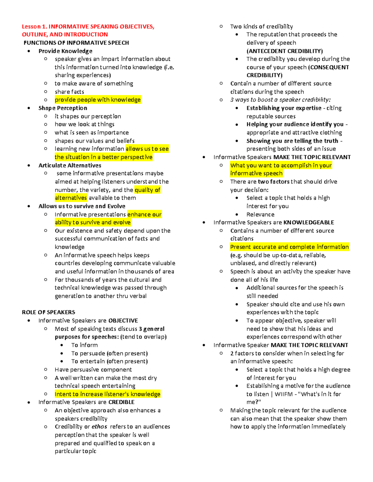 Lesson 1 PUC - Lesson 1. INFORMATIVE SPEAKING OBJECTIVES, OUTLINE, AND ...