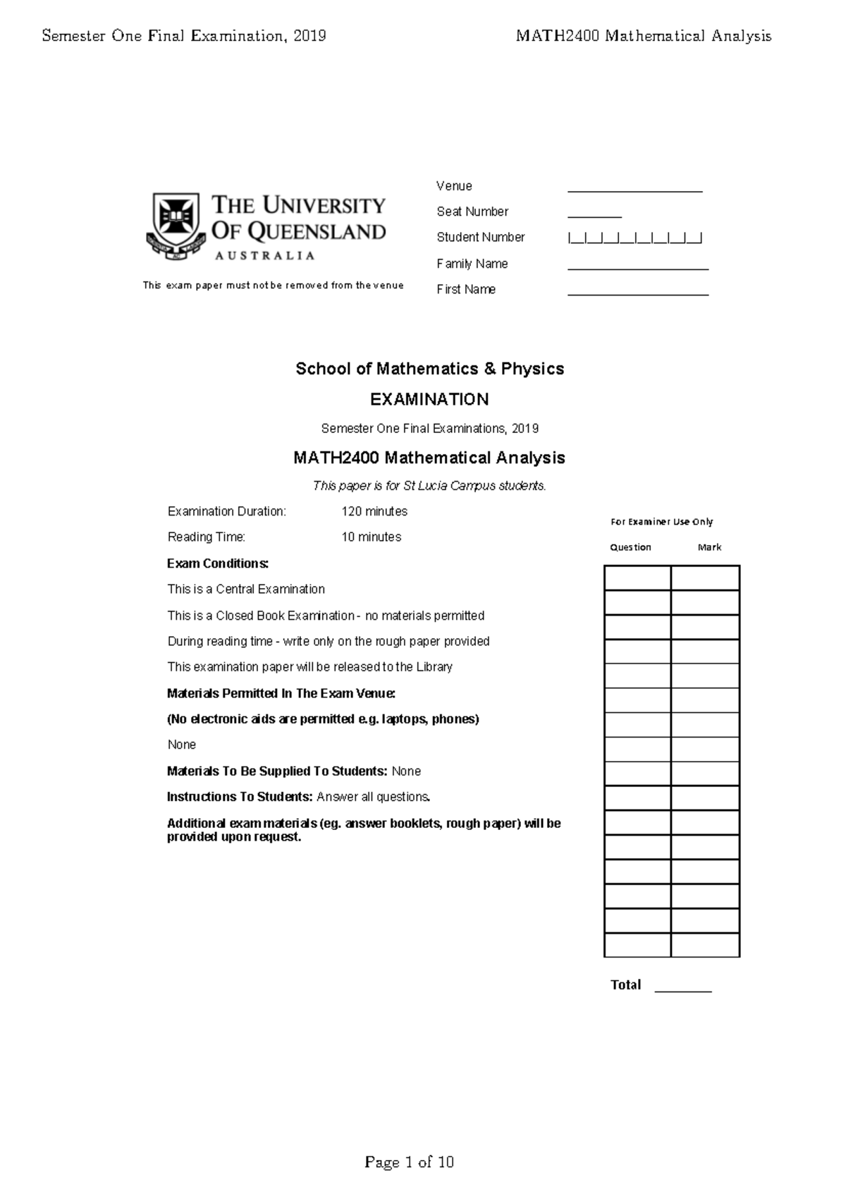 2019 MATH2400 Semester One Final Exam: Mathematical Analysis - Studocu