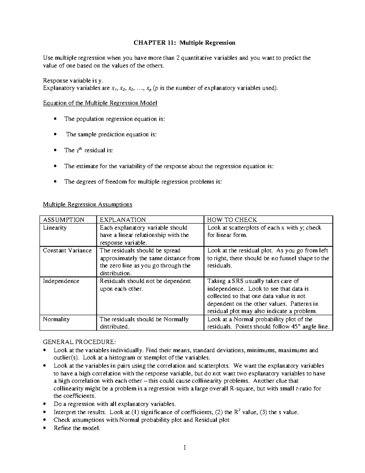 Multiple Regression - notes - CHAPTER 11: Multiple Regression Use ...