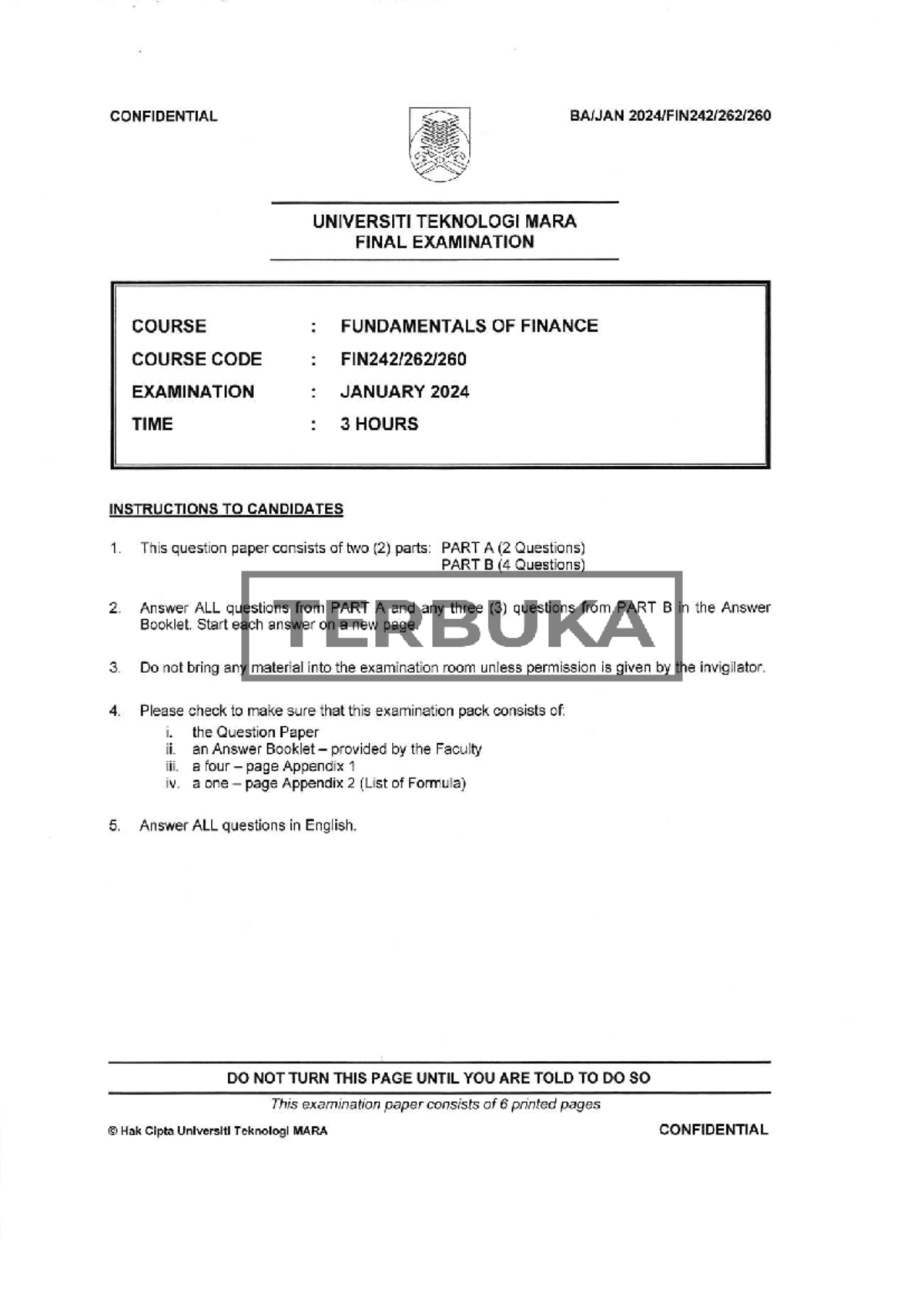 Fundamentals of finance (FIN 101) final examination - January 2024 ...