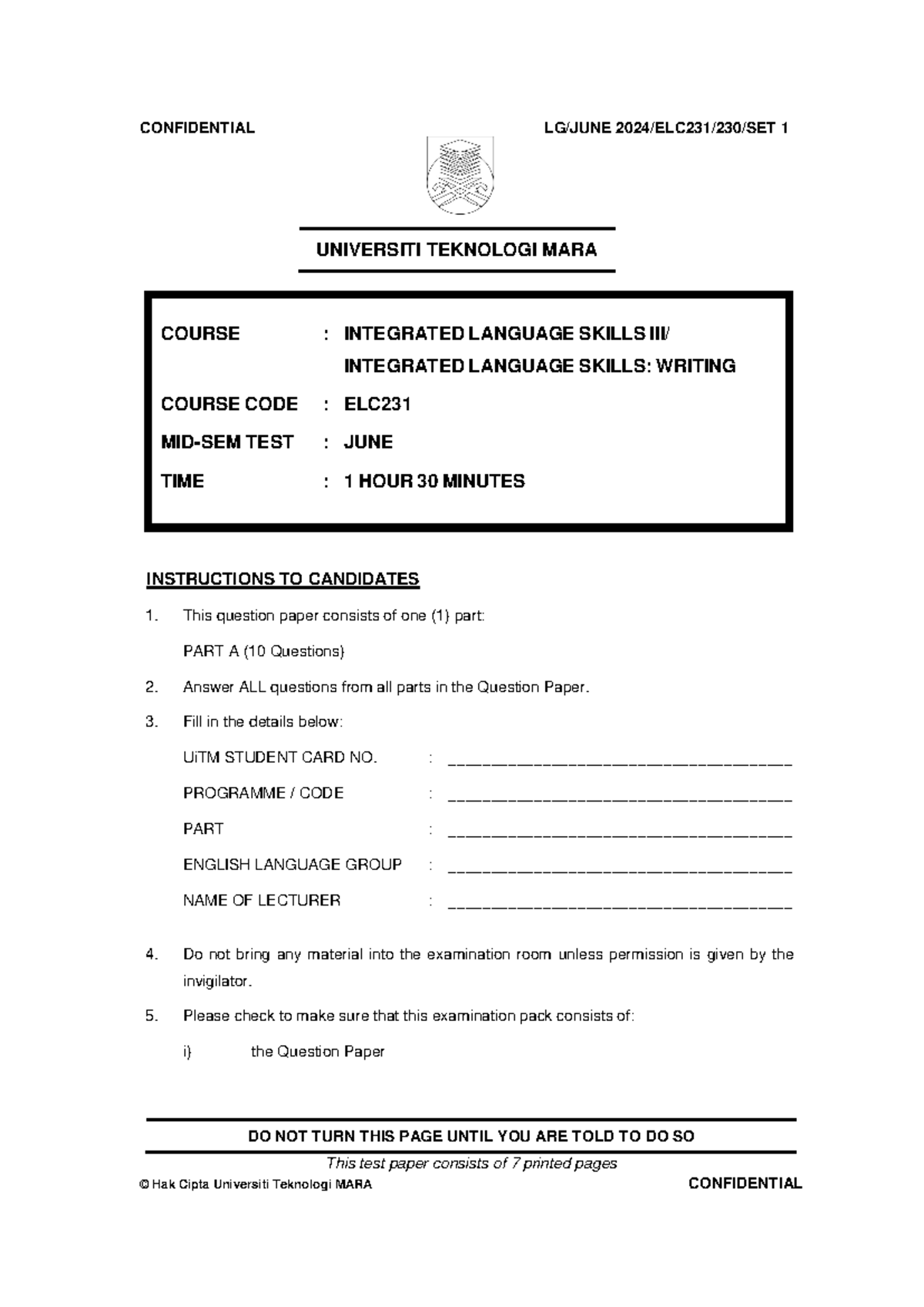 Lcc new - Exercise - UNIVERSITI TEKNOLOGI MARA COURSE : INTEGRATED ...