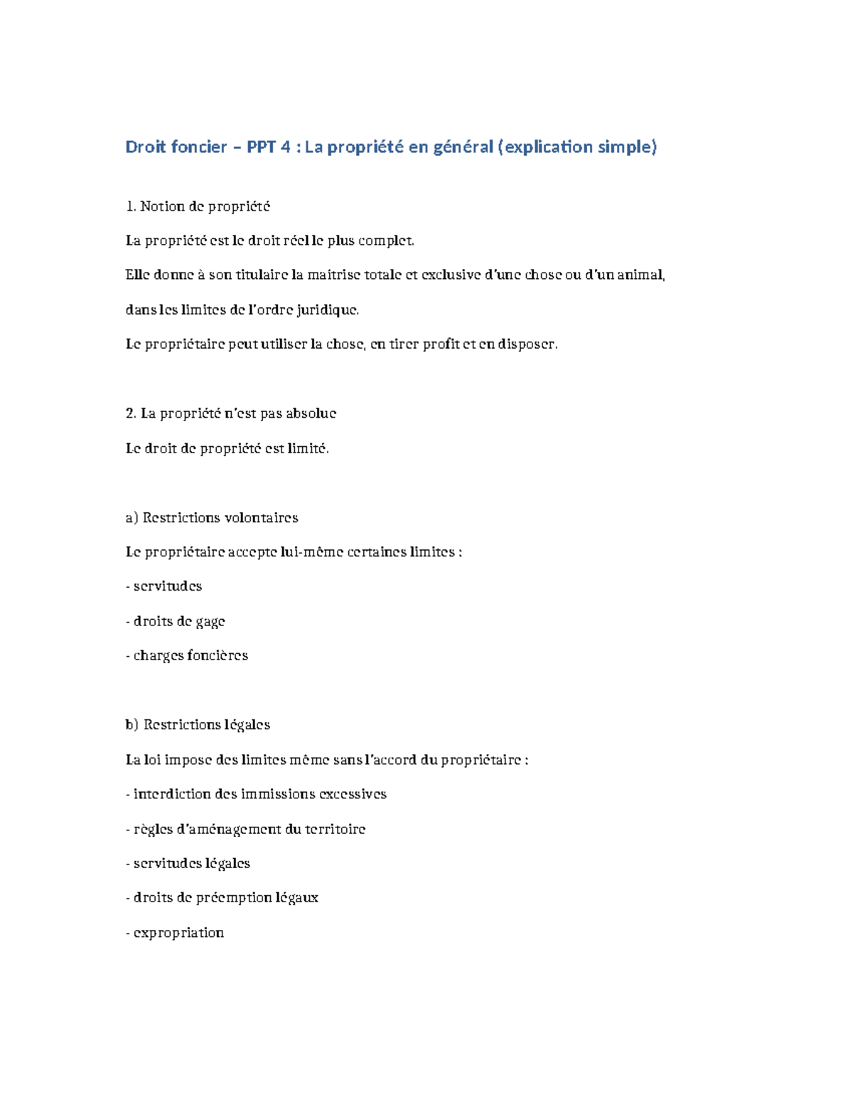 PPT 4 Droit Foncier : Propriété en Général - Explication Simple - Studocu