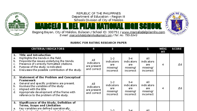 Research Proposal Manuscript Rubrics for Evaluation - Studocu