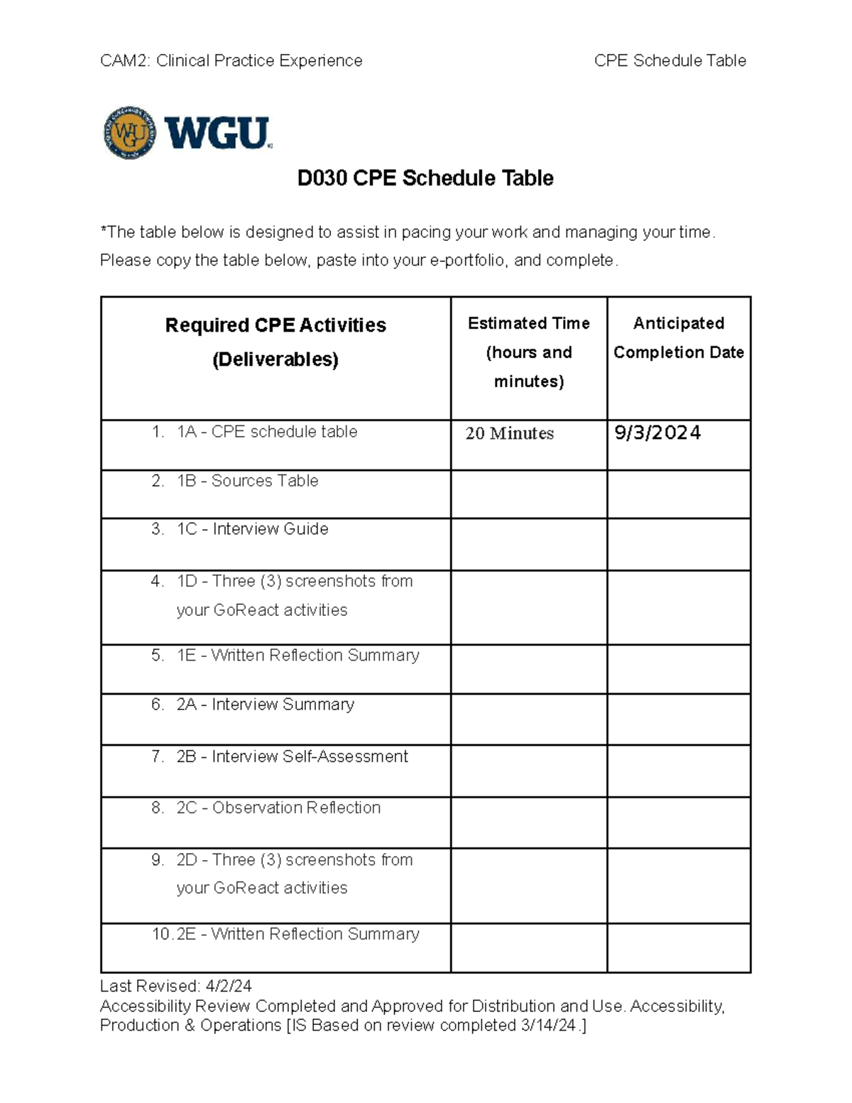 RHuff D030 CPE Clinical Practice Experience Schedule Table - Studocu