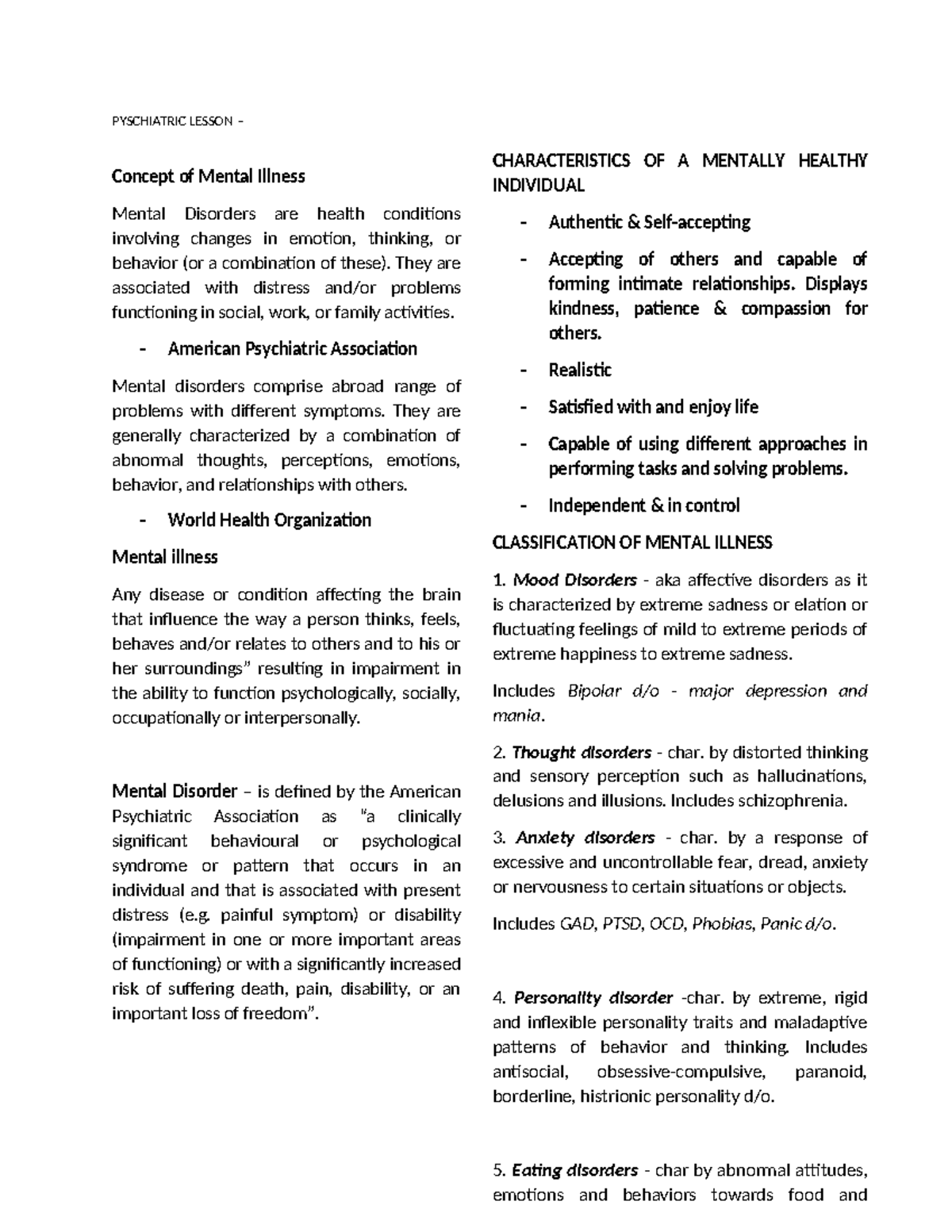 Psychiatric Lesson: Understanding Mental Illness and Disorders - Studocu