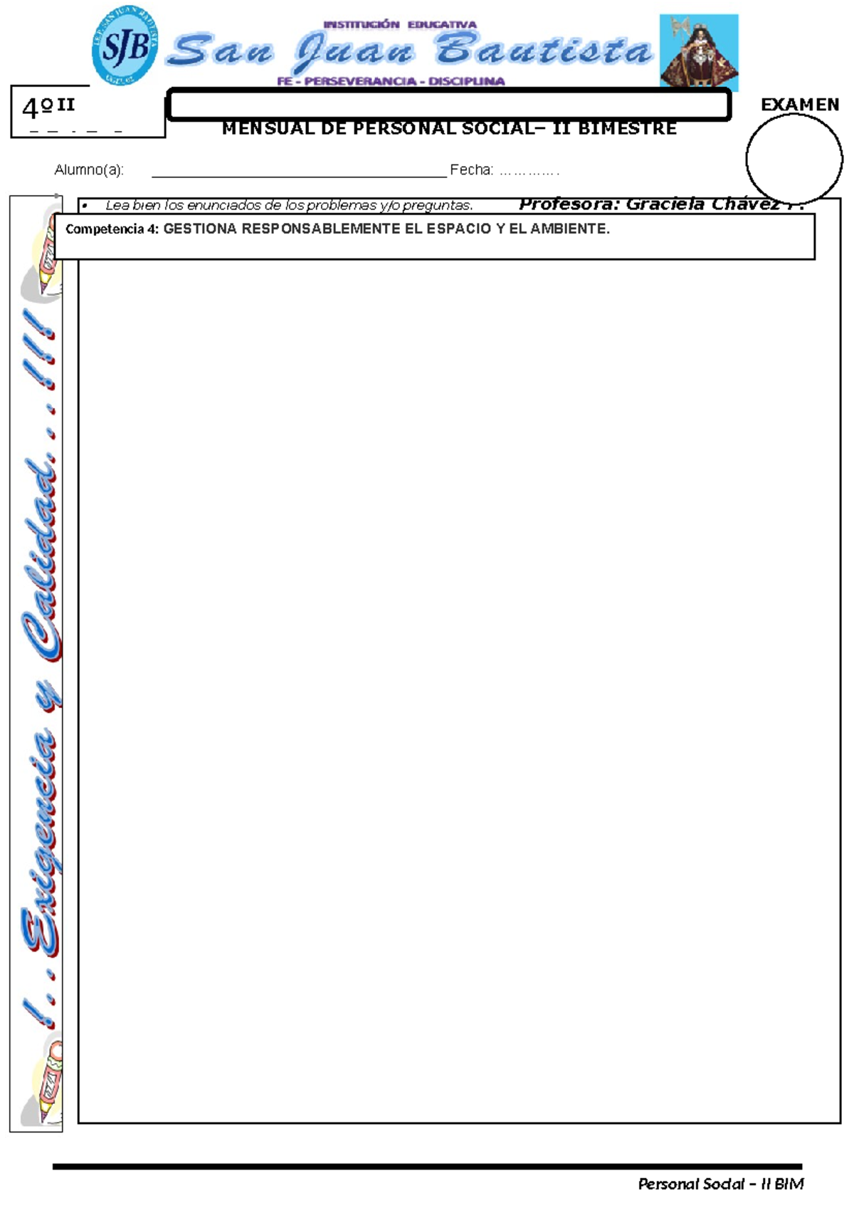 Examen mensual de personal social II - 4º grado - BIM 1 - Studocu