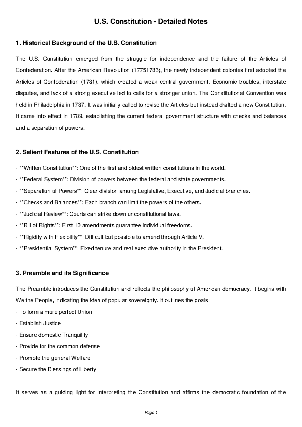 US Constitution Complete Study Notes: Key Features & Principles - Studocu
