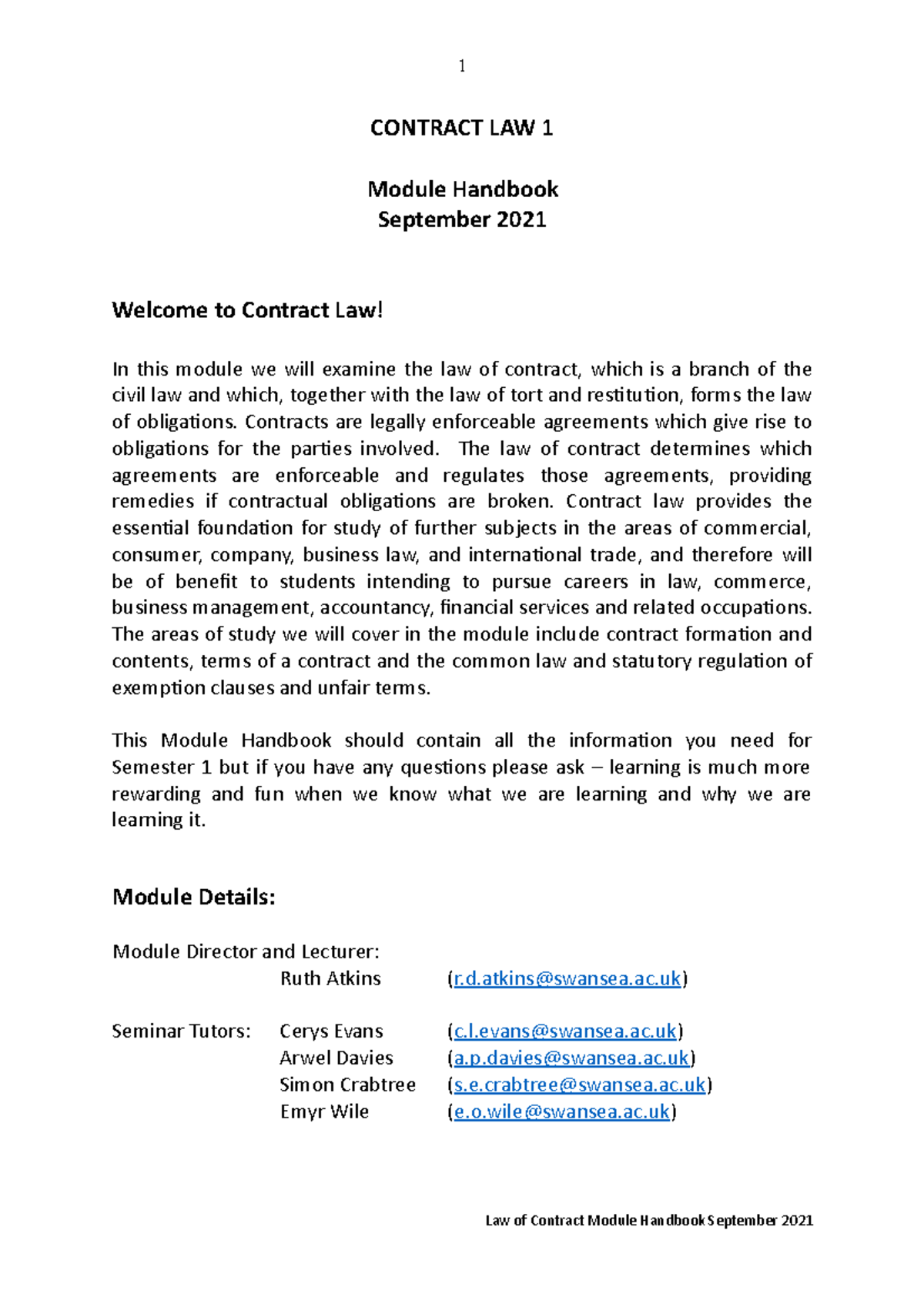 Contract Law Module Handbook September 2021 - Studocu