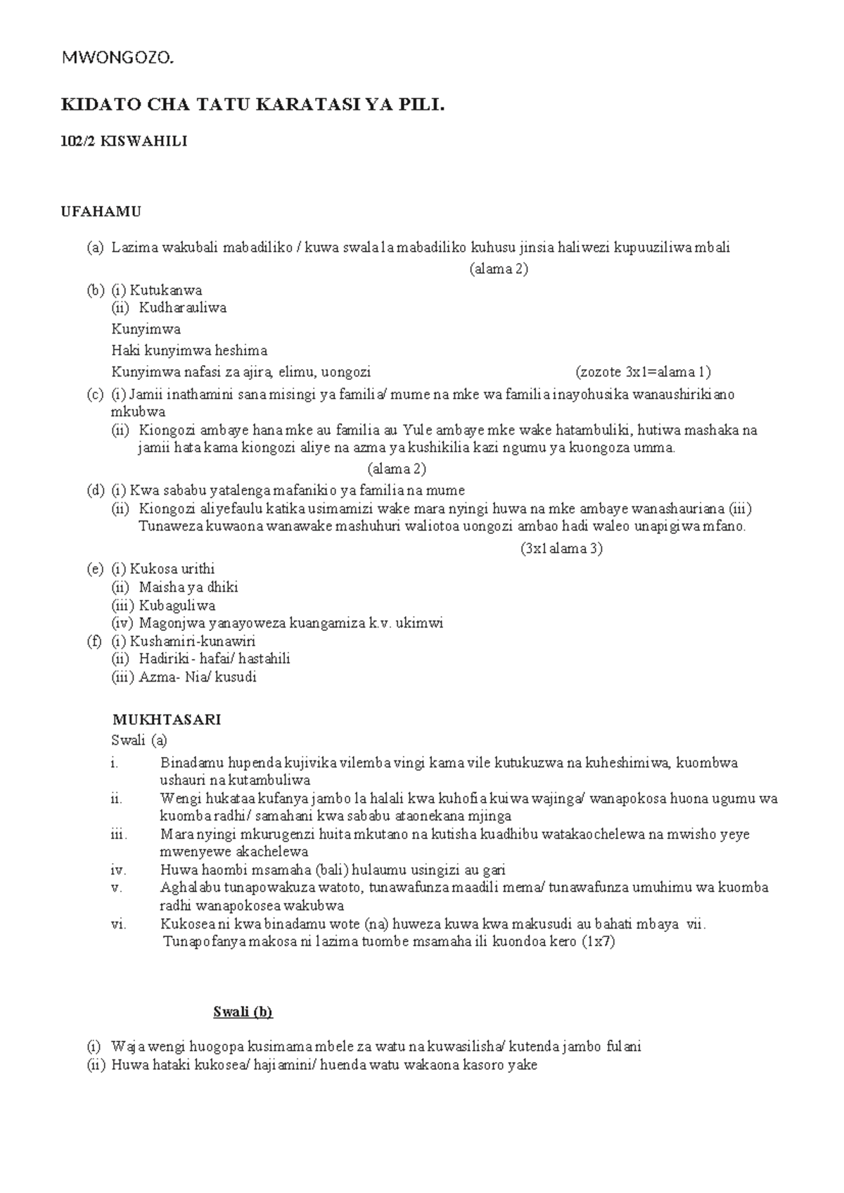 Kiswahili Paper 2 Marking Scheme Form 3 Term 1 Exam 2017 - Studocu