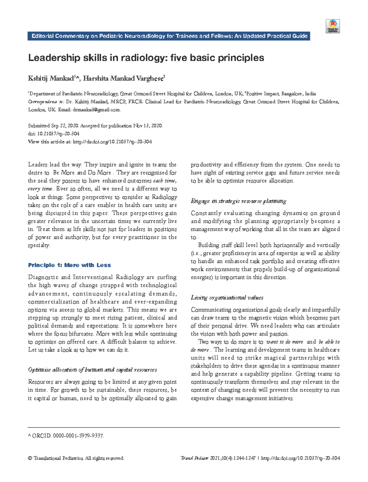 Leadership Skills in Radiology: Five Basic Principles (Transl Pediatr ...