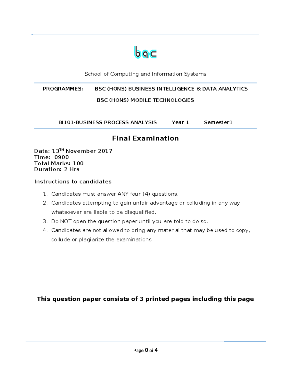 BPA101 Final Exam November 2017 Questions and Instructions - Studocu