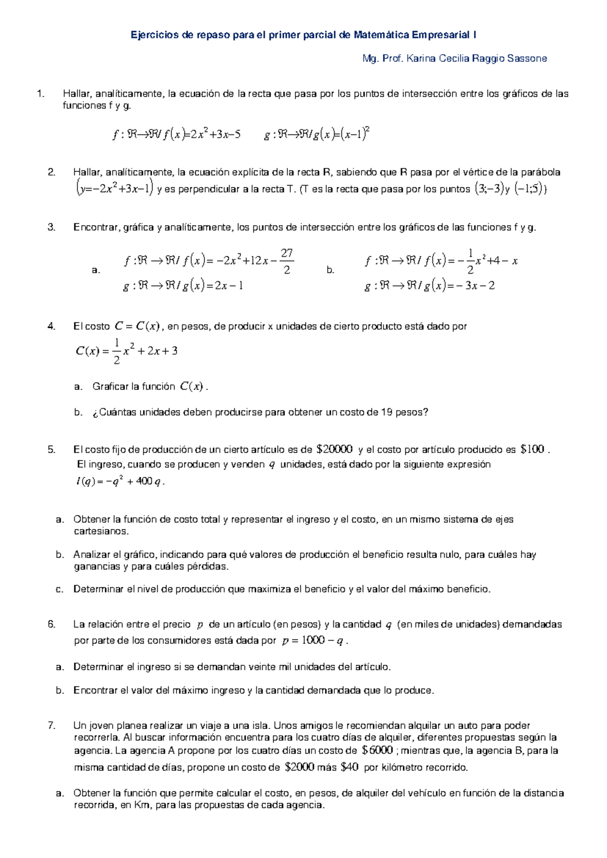 Ejercicios de Repaso para el Primer Parcial de Matemática Empresarial I ...